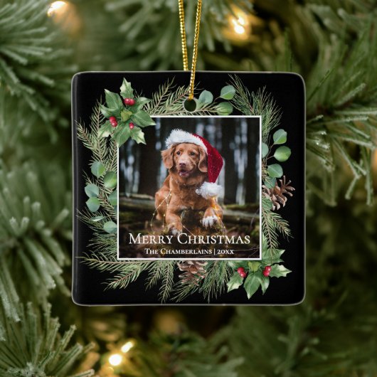 Merry Christmas Pet Photo Wreath  Keramisch Ornament (Boom)