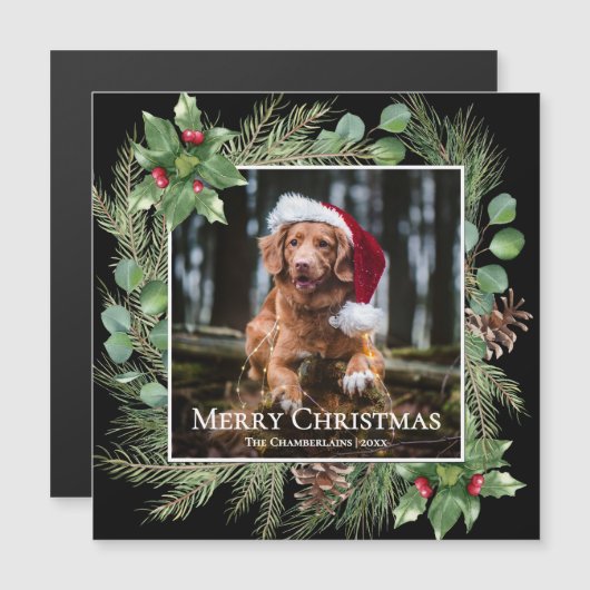 Merry Christmas Pet Photo Wreath Magnetic Card (Voorkant / Achterkant)