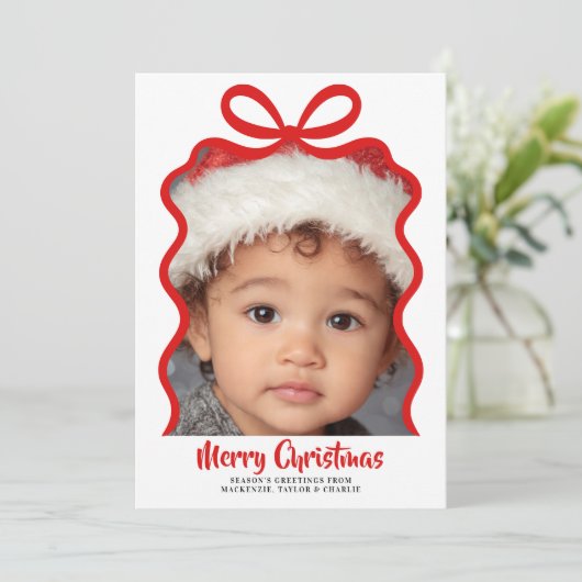 Merry Christmas Photo and Ribbon Personalized Feestdagenkaart (Staand voorkant)