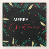 Merry Christmas Photo Black Gold Greenery Glazen Onderzetter (Voorkant)