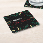 Merry Christmas Photo Black Gold Greenery Kartonnen Onderzetters (Schuin)