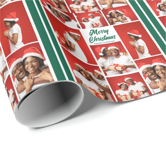 Merry Christmas Photo Collage 2025 Green Script Cadeaupapier (Rol Hoek)