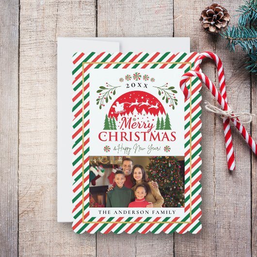 Merry Christmas Photo Memory Red Green Candy Cane Feestdagenkaart