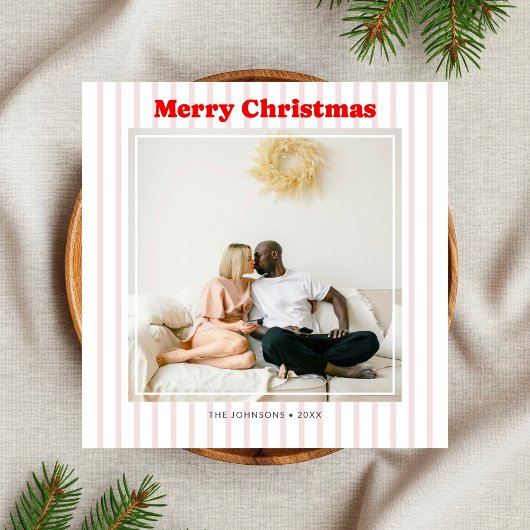 Merry Christmas Photo Red Striped Feestdagenkaart