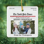 Merry Christmas Photo Typography Nieuwsbrief Keramisch Ornament<br><div class="desc">Dit ontwerp is voorzien van een vrolijk kerstfeest,  foto,  schattig typografie ornament,  met rode en witte snoep strepen,  een krantennieuwsbrief ontwerp,  met een klassieke,  minimalistische,  moderne schone eenvoudige stijl,  past bij de noordpool tijden collectie,  maakt een uniek en grillig cadeau-idee.</div>