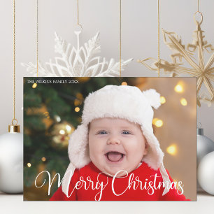 Merry Christmas Photo White Script Magnet Kaart