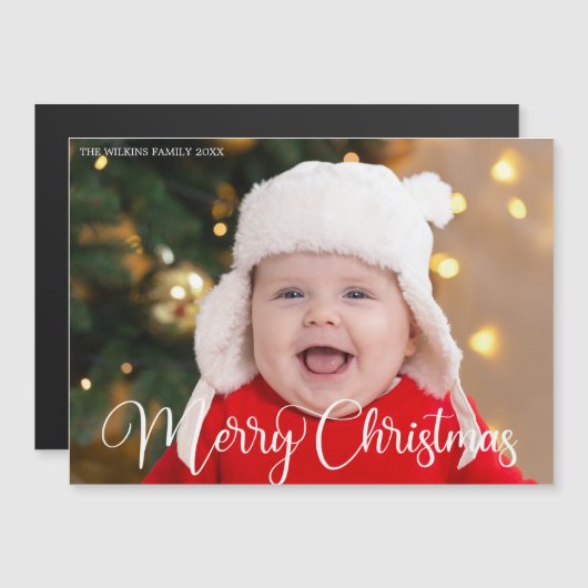Merry Christmas Photo White Script Magnet Kaart (Voorkant / Achterkant)