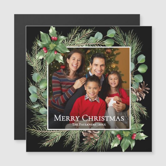 Merry Christmas Photo Wreath Magnetic Card (Voorkant / Achterkant)