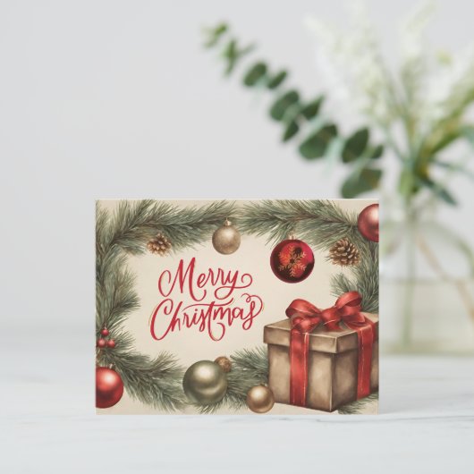 Merry Christmas Pine Branch met Ornamenten Feestdagenkaart (Staand voorkant)