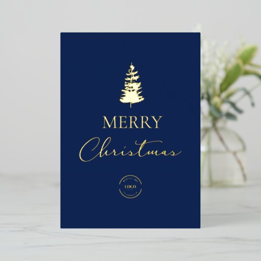 Merry Christmas Pine Company Logo Blue Gold Folie Feestdagenkaart (Staand Voorkant)