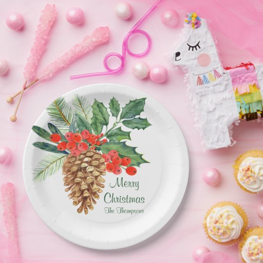 Merry Christmas Pine Holly Waterverf Bloemennaam Papieren Bordje (Feest)