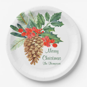 Merry Christmas Pine Holly Waterverf Bloemennaam Papieren Bordje