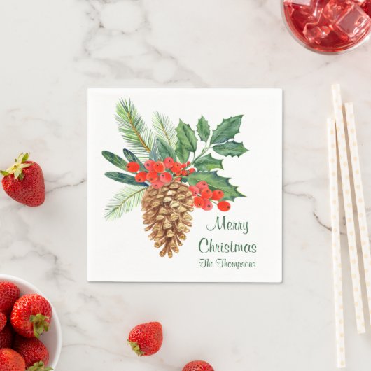 Merry Christmas Pine Holly Waterverf Bloemennaam Servet (Insitu)