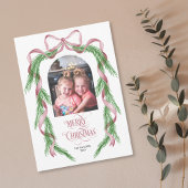 Merry Christmas Pink Bow Ribbon Pine Arch Foto Feestdagenkaart