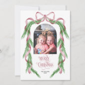 Merry Christmas Pink Bow Ribbon Pine Arch Foto Feestdagenkaart (Voorkant)