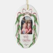 Merry Christmas Pink Bow Ribbon Pine Arch Foto Keramisch Ornament (Rechts)