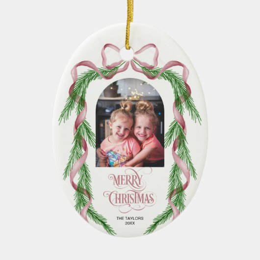 Merry Christmas Pink Bow Ribbon Pine Arch Foto Keramisch Ornament (Voorkant)