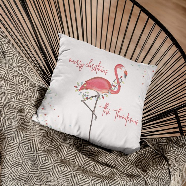 Merry Christmas Pink Flamingo gepersonaliseerd Kussen (Christmas "Merry Christmas" cute whimsical pink flamingo throw pillow)