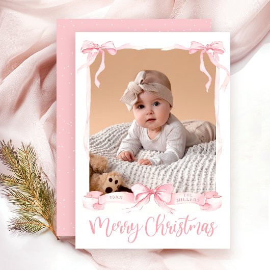 Merry Christmas pink Photo Card Feestdagenkaart