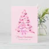 Merry Christmas Pink Ribbon Tree Foto Feestdagenkaart (Staand voorkant)
