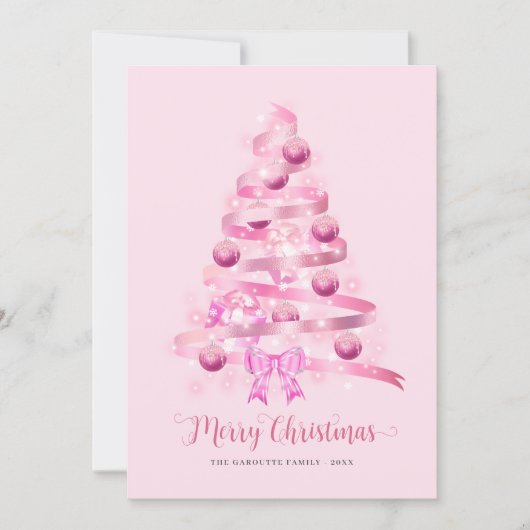 Merry Christmas Pink Ribbon Tree Foto Feestdagenkaart (Voorkant)