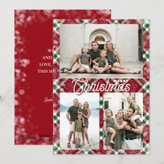 Merry Christmas Plaid 3 Photo Collage Feestdagenkaart (Voorkant / Achterkant)