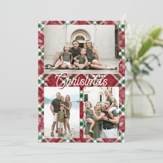 Merry Christmas Plaid 3 Photo Collage Feestdagenkaart (Staand voorkant)