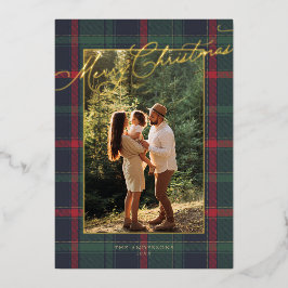 Merry Christmas Plaid Foil Family Photo Holiday Folie Uitnodiging