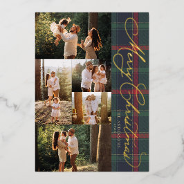Merry Christmas Plaid Foil Family Photo Holiday Folie Uitnodiging