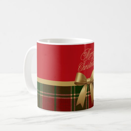 Merry Christmas Plaid Mug with Gold Bow Koffiemok (Voorkant links)