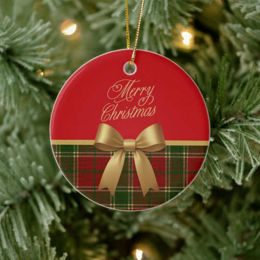 Merry Christmas Plaid Ornament with Gold Bow (Boom)
