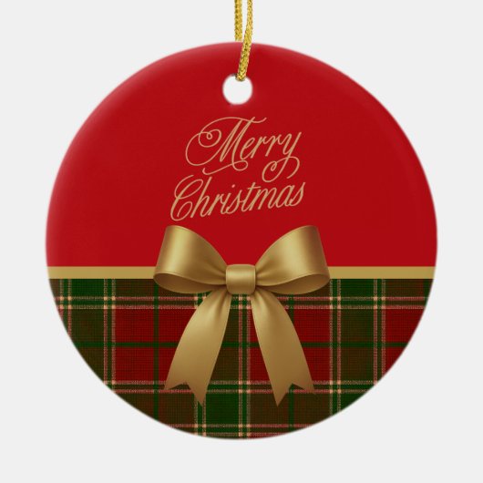 Merry Christmas Plaid Ornament with Gold Bow (Voorkant)