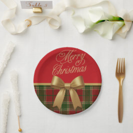Merry Christmas Plaid Paper Plate with Gold Bow Papieren Bordje