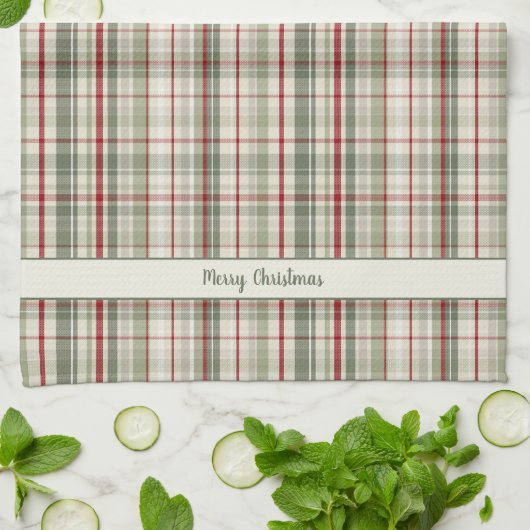 Merry Christmas Plaid - rustic green red ivory Theedoek (Gevouwen)