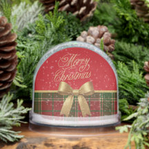 Merry Christmas Plaid Snow Globe with Gold Bow