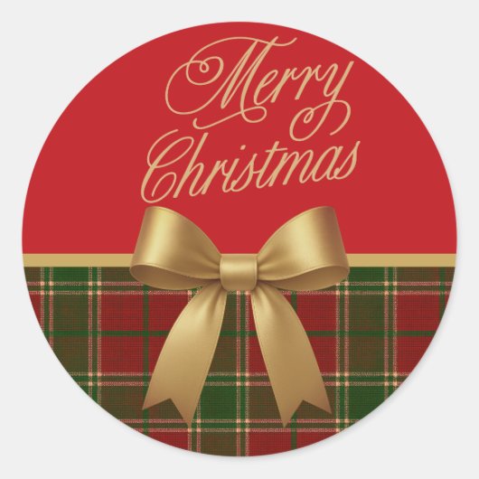 Merry Christmas Plaid Sticker with Gold Bow (Voorkant)