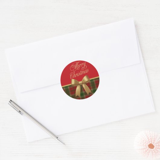 Merry Christmas Plaid Sticker with Gold Bow (Envelop)