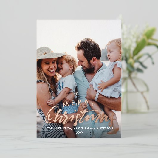 MERRY CHRISTMAS Plain Personalized Photo ROOS GOLD Folie Uitnodiging (Staand Voorkant)