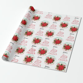 Merry Christmas Poinsettia customizable name  Cadeaupapier