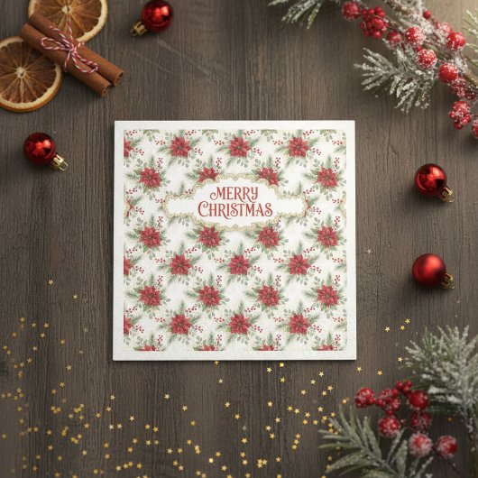 Merry Christmas Poinsettia Floral Holiday Pattern Servet