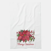 Merry Christmas Poinsettia Kitchen Towel