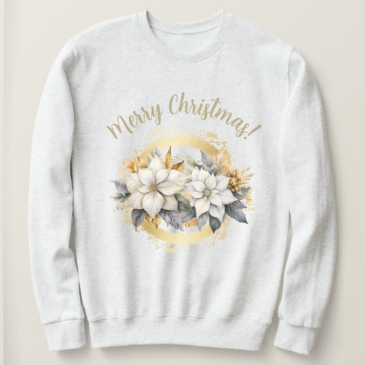 Merry Christmas Poinsettia White & Gold Sweatshirt (Design voorkant)