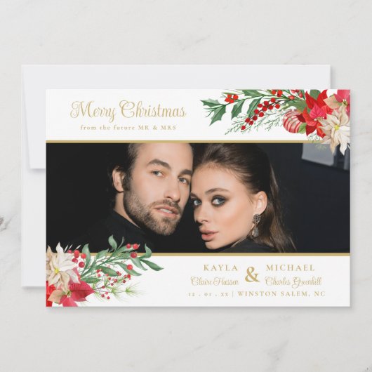 Merry Christmas Poinsettias Garland Photo Wedding Save The Date (Voorkant)