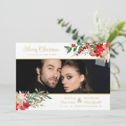 Merry Christmas Poinsettias Garland Photo Wedding Save The Date (Staand voorkant)