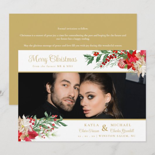 Merry Christmas Poinsettias Garland Photo Wedding Save The Date (Voorkant / Achterkant)