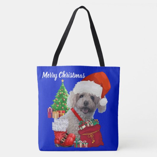 Merry Christmas Poodle Blauw Dames Schouder Tote Bag (Voorkant)