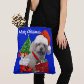 Merry Christmas Poodle Blauw Dames Schouder Tote Bag (Dichtbij)