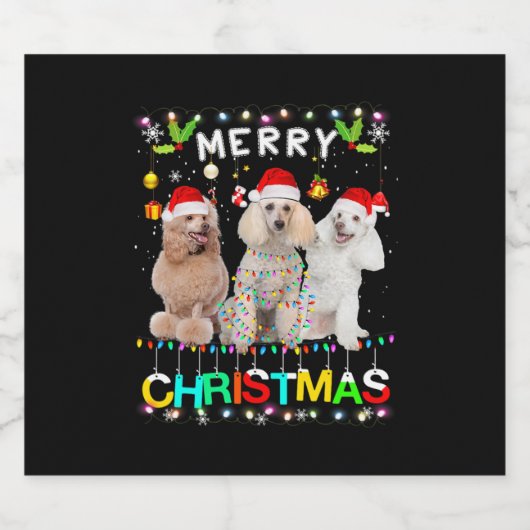 Merry Christmas Poodle Shirt Santa Hat Lights Xmas Sparkling Wijnetiket (Enkel label)