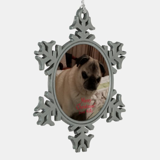 Merry Christmas Pug Plaats uw huisdier foto Tin Sneeuwvlok Ornament (Links)