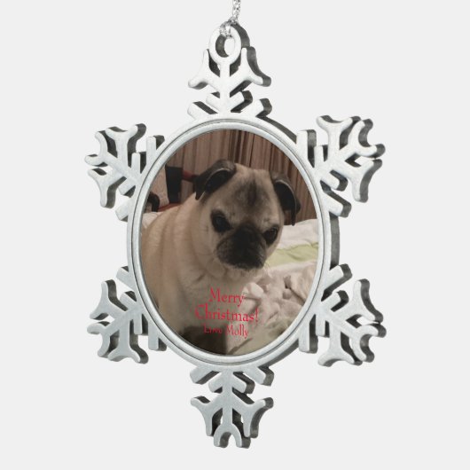 Merry Christmas Pug Plaats uw huisdier foto Tin Sneeuwvlok Ornament (Rechts)
